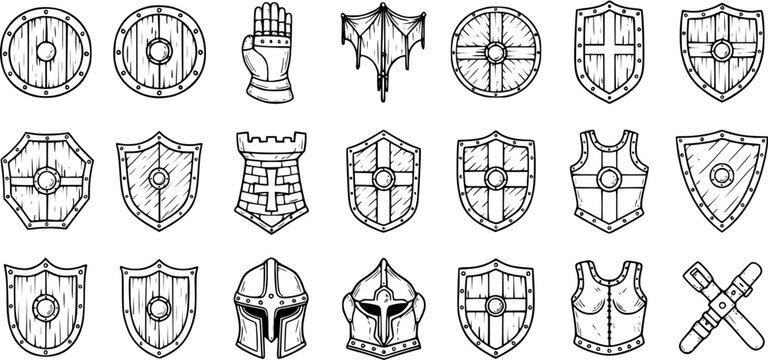 Black and White Line Art Medieval Knight Armor Shields Helmets Icons Vector Set