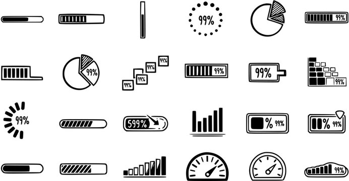 Black and White Line Art Icons: Loading Bars, Progress Indicators, Battery Status, and Pie Charts