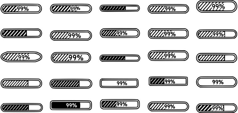 Set of 25 loading bars with 99 progress, black and white line art, technology concept