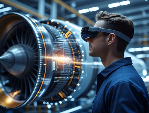 Technician Wearing AR Glasses to view Interactive Technical Data and Checklists during Factory Maintenance