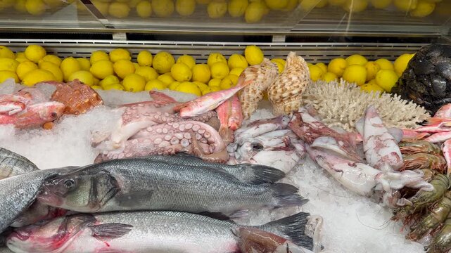 Fresh fish and shrimp displayed on market counter alongside bright lemons and varied seafood. Colorful market scene suits grocery retail campaigns, food photography blogs, and Mediterranean cuisine