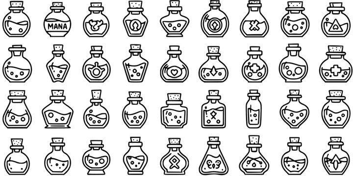 Set of fantasy potion bottles, mana and health, line art icons for games and witchcraft