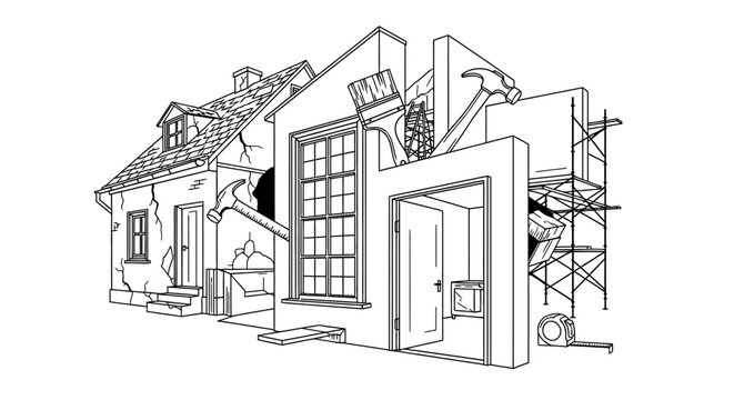 House construction illustration featuring tools and various architectural elements