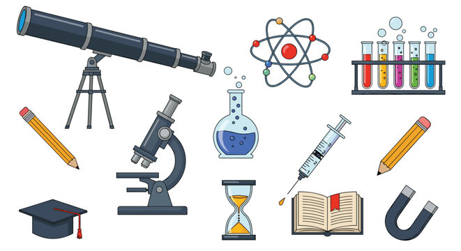Collection of science and education equipment including a telescope, microscope, test tubes, books, and laboratory tools.