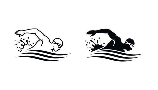 Dynamic outline and solid silhouette icons of a swimmer performing the freestyle stroke capturing the essence of competitive swimming