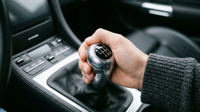 Close-up of a hand shifting gears in a manual transmission car