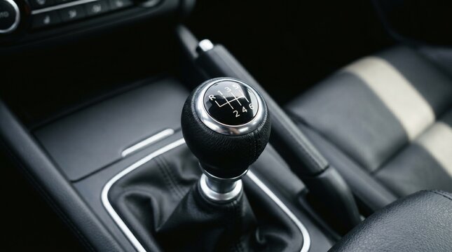 A detailed view of a cars manual transmission gear shifter and handbrake, set against the backdrop of a cars interior with leather seats.