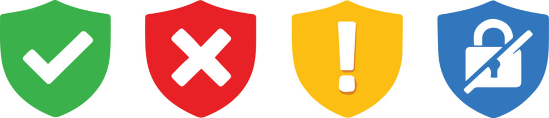 Obraz premium Set of colorful shield icons with security status symbols