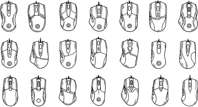 Black and White Line Art Collection of Various Computer Mouse Designs
