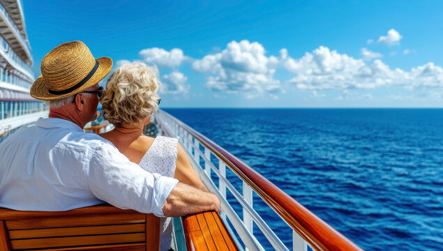 Happy senior couple enjoys a romantic cruise ship voyage, gazing at the ocean view