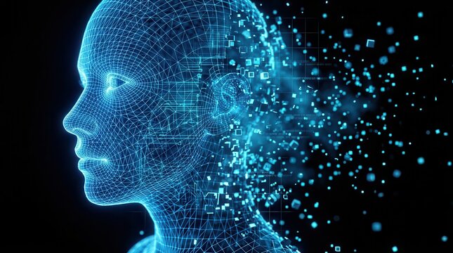 A blue wireframe human head representing artificial intelligence and digital transformation.