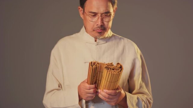 Senior traditional chinese medicine physician practitioner doctor carefully reading information from an ancient book, delving into a medical documents, symbolizing continuous learning development