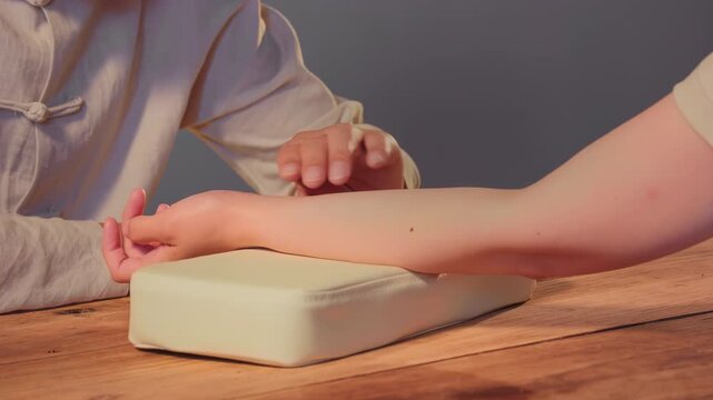 Oriental medicine physician doctor checks patient pulse, listening patient heart beat consultation. Listen woman tell about chronic disease, health complaints, advice to patient instruction drug usage