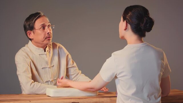 Herbalist oriental medicine senior doctor checks patient pulse, listening for heart beat consultation. Listen woman tell about chronic disease, health complaints, affliction symptoms, give advice drug
