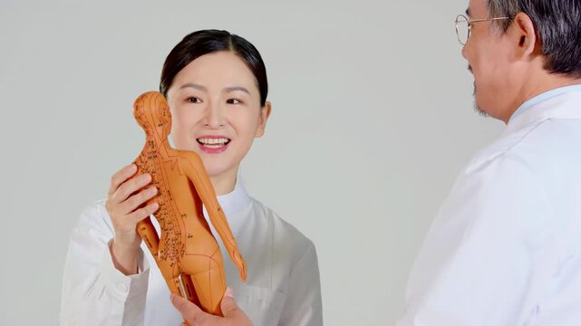 Traditional chinese medicine physician practitioner doctor training acupuncture points medicine acupoint on anatomical meridian model to woman colleague healthcare team cooperate exchanging opinions