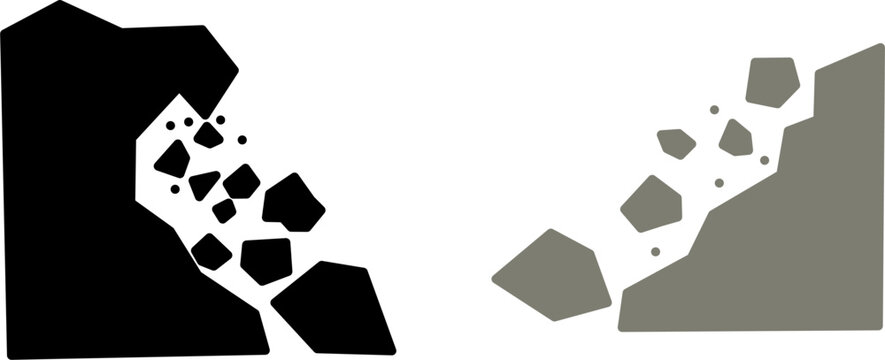 Rockfall and landslide hazard icons with falling debris from cliffs. Minimal warning symbol illustration for geology, safety, and disaster concepts.