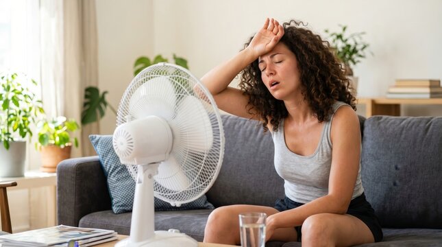 Woman overcoming heat in living room fan relief modern home casual setting