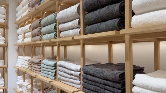 Neatly folded towels and textiles arranged on wooden retail shelves in neutral gray and white tones. Organized textile display suits home decor brand content, spa supply ads, hotel linen promotions