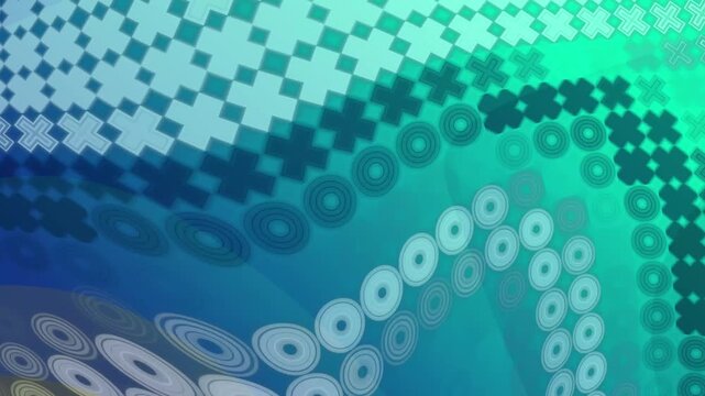 Blue and green geometric patterns with circles and crosses abstract background