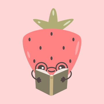Cute hand drawn cartoon character smiling strawberry with sunglasses reading a book funny kawaii children vector illustration