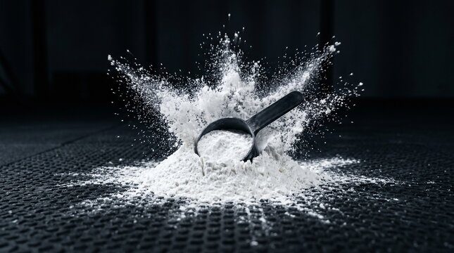 An explosive power concept with creatine monohydrate powder bursting from a scoop for a workout booster ad.