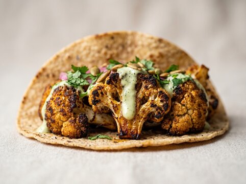 A macro shot of vegan cauliflower tacos highlighting the roasted ingredients, suitable for artisan street fare blogs.