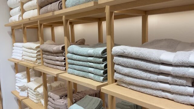 Soft cotton towels stacked in rows on wooden shelves create calm minimalist retail atmosphere. Clean fabric display ideal for home textile brand marketing, spa business content, and linen advertising.
