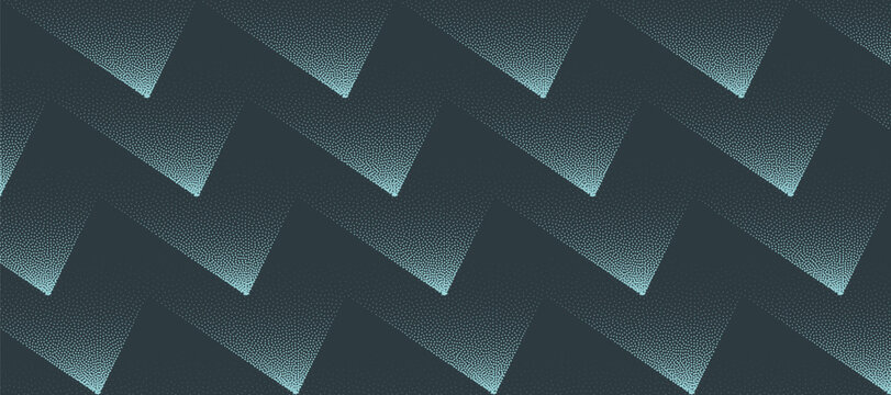 Vector abstract wide panoramic background with cyan zigzag layer structure, halftone dots and grain texture. Sharp spike geometric creates modern graphical rhythm for widescreen visual design layouts