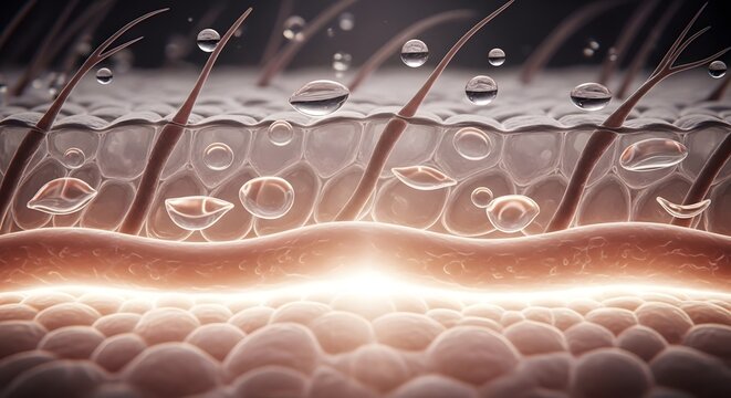 Microscopic view of skin with water droplets and radiant light
