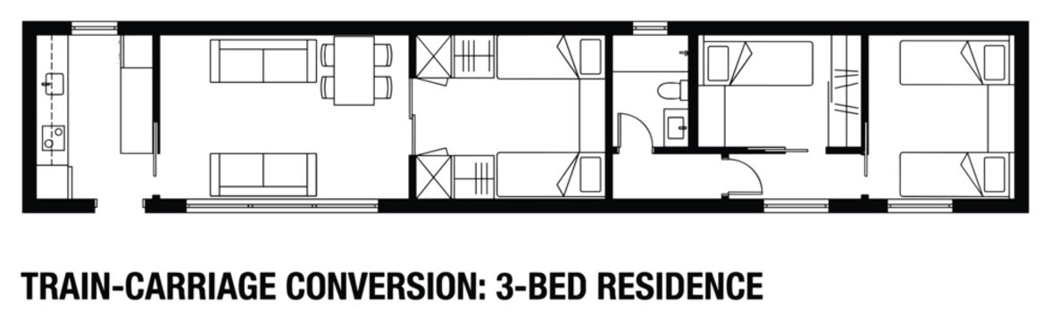 Train carriage conversion three bed residence floor plan with linear layout and compact living spaces.