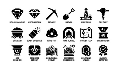 Fototapeta premium Mining icons showing tools and gemstone processing grid