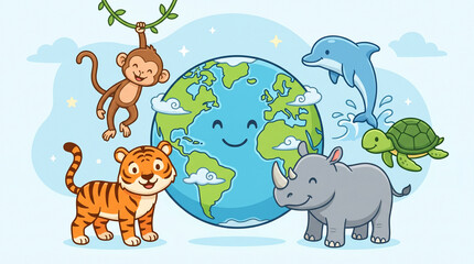 Obraz premium Vibrant cartoon illustration featuring a happy Earth surrounded by diverse wild animals, celebrating global wildlife diversity and the importance of nature conservation for our planet