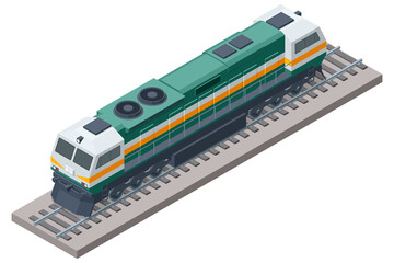 Isometric illustration of a modern locomotive on a railway track. This powerful train engine symbolizes efficient cargo transport, passenger transit, and rail network speed © Golden Sikorka