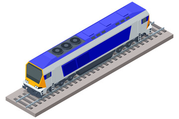 Isometric illustration of a modern locomotive on a railway track. This powerful train engine symbolizes efficient cargo transport, passenger transit, and rail network speed © Golden Sikorka