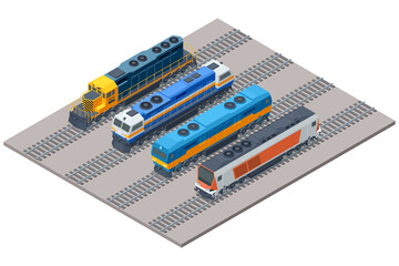 Isometric illustration of a modern locomotive on a railway track. This powerful train engine symbolizes efficient cargo transport, passenger transit, and rail network speed © Golden Sikorka