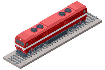 Isometric illustration of a modern red and white locomotive on a railway track. This powerful train engine symbolizes efficient cargo transport, passenger transit, and rail network speed © Golden Sikorka