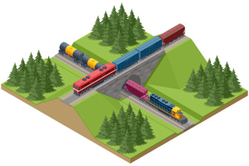 Fototapeta premium Isometric railway landscape featuring a multi-level intersection. A freight train crosses a stone bridge while another passes through a tunnel, depicting complex transport infrastructure.