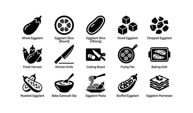 Eggplant icons showing cuts preparation and cooked dishes