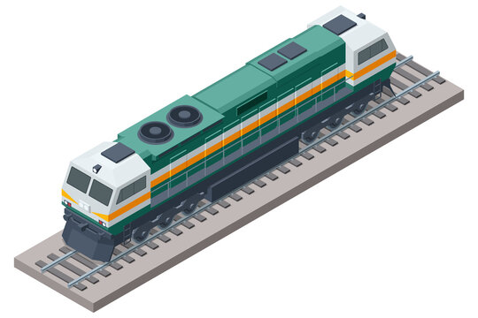 Isometric illustration of a modern locomotive on a railway track. This powerful train engine symbolizes efficient cargo transport, passenger transit, and rail network speed