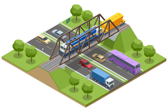 Freight train crossing an isometric steel bridge over a river. This scene illustrates infrastructure, civil engineering, landscape logistics, and heavy rail transport connectivity