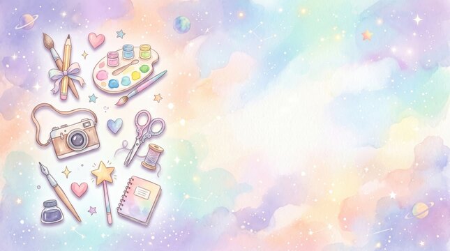 Watercolor art and craft items float on a soft, shimmering pastel sky with stars and planets