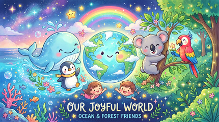 Naklejka premium Cheerful cartoon illustration of Earth with friendly ocean and forest animals and happy children under a rainbow, symbolizing global environmental harmony