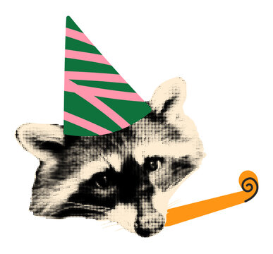 Funny birthday element for collage. Halftone raccoon wearing party hat and blowing in party horn. Happy birthday celebration concept Modern retro vector illustration isolated on transparent background