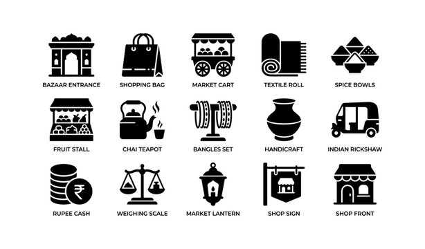 Bazaar and market icons depicting stalls and goods on white background