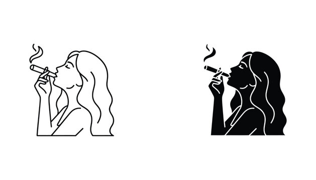 Woman smoking cigar icon set in elegant line art and solid black styles for lifestyle and tobacco industry branding