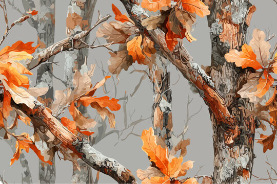 Autumn oak leaf camouflage vector pattern with bark branches and gray background print ready 300 dpi