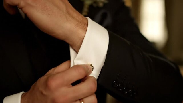 Groom adjusting his cufflink before a wedding ceremony, showcasing elegant formal attire with gold jewelry