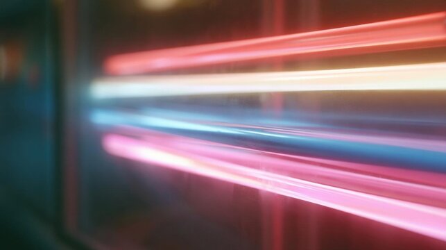 Close-up of a long exposure shot of a train track. the track is made up of multiple lines of light in different colors - red, blue, and pink.