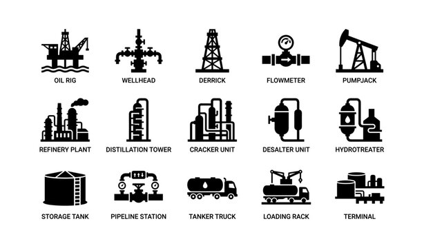 Oil and gas industry icons showing rigs equipment and facilities