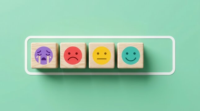 Mental health assessment concept featuring emotion wooden blocks in a progress loading bar.